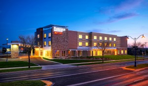 Fairfield Marriott hotel from across the street at night